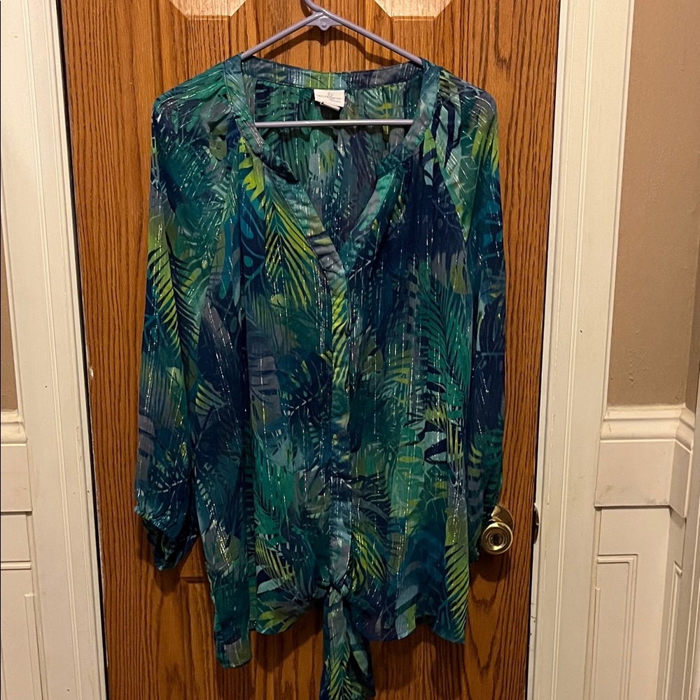 Jaclyn Smith Leafy Green and Blue Blouse